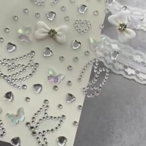 1Sheet 3D White Butterfly Heart Bow Face Gem Stickers Sparkling Rhinestones Fake Tattoo Decals for Party Stage Makeup Decoration