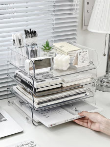 Acrylic Desktop File Organizer Stand Office Workstation Positioning Rack Transparent Multi-layer Drawer Style A4 Paper Storage Box