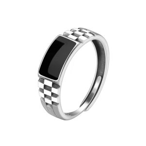 Silver-Tone mens adjustable wedding ring with crystal black rectangle square design