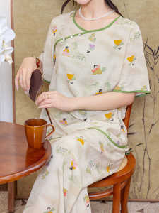 Mùa Hè Mới Lụa Đồ Ngủ Nữ Vintage Phong Cách Trung Hoa Kích Thước Lớn Cotton Lụa Nhà Quần Áo Của Mẹ Bộ Đồ Ngủ Thoải Mái