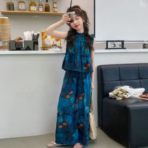 ชุดเด็กผู้หญิง ชุดหน้าร้อน 2025 ใหม่ ทันสมัย ไซส์เด็ก ขากว้าง กางเกง แขนกุด ชุดสองชิ้น ผ้าบาง ผ้าฝ้าย แฟชั่นเด็ก