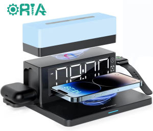 ORIA 6 in 1 Wireless Charging Station Wireless Phone Charger With 12/24HAlarm Clock Portable LED Night Light 13 Lighting Modes for IPhone8/X/11/12/13 Apple Watch IWatch AirPods Support 15W Fast Charging