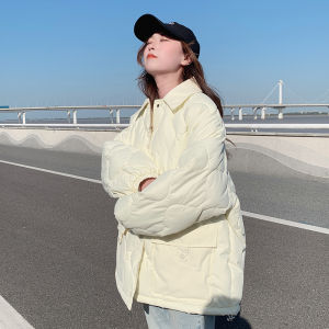 Korean Style Short Thin Cotton Jacket Womens Autumn Winter Outerwear Padded Quilted Polo Collar Zipper Closure Long Sleeve Loose Fit