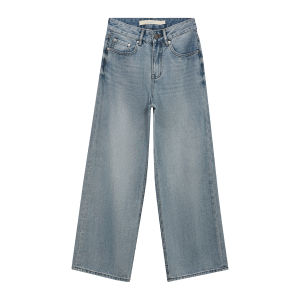 High Waist Wide Leg Light Blue Washed Denim Jeans Long
