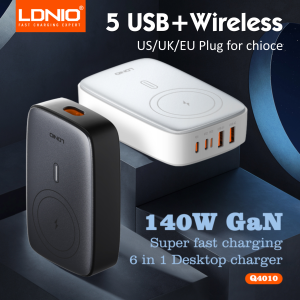 LDNIO 140W 6 in 1 Wireless Charger GaN 65W USB-C Charger PD QC USB-A Fast Charging Station 6 in 1 Desktop Charger Extension Cord