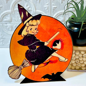 Wooden Vintage Halloween Witch Tabletop Decor Cute Witch on Broomstick Ornament Moon & Bat Design Home & Party Decoration Gift