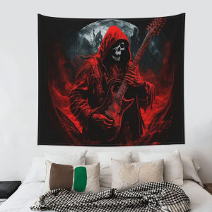 VIKAMA Halloween Glamour Áo Choàng Đỏ Đàn Guitar Đầu Lâu Thảm Polyester Không Dệt Treo Tường Cho Sân Khấu Rock Thanh Trang Trí Phòng Game