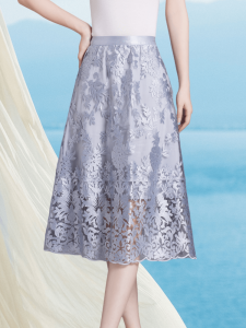 Elegant French Style Embroidered Heavy Lace Half Skirt Womens Summer High Waist A-Line Umbrella Skirt Polyester Fabric