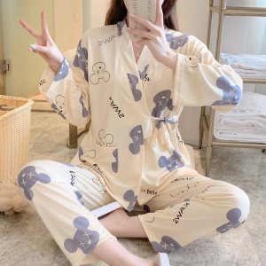 Spring Autumn Lightweight Home Clothes Womens Sleepwear Yellow Orange Floral Print Long Sleeve V-Neck Pure Cotton Kimono