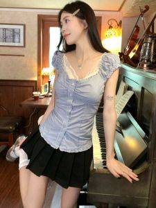 GUZILIAN | Sweet And Spicy Girl Wooden Ear V-neck Striped Shirt Women Summer Elegantly Waist-cinched Short Sleeveless Top Doll Shirt