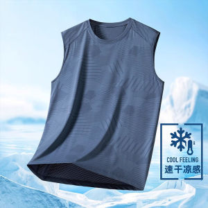 เสื้อกั๊กผ้าไหมน้ำแข็งสำหรับผู้ชาย ฤดูร้อน ออกกำลังกาย ฟิตเนส แขนกุด แห้งเร็ว แฟชั่น ลำลอง คอตั้ง แขนกุด ผ้าฝ้ายโพลีเอสเตอร์