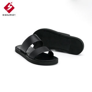 Dép Nam Hai Quai Ngang Da Bò Khâu Đế Bền Bỉ SIGOURNEY DN-123 Màu Đen Trơn Bảo Hành 18 Tháng