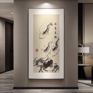 Modern Minimalist Chinese Style Entrance Decorative Painting Zen Ink Shrimp Crab Picture Vertical Wall Art Good Meaning Wall Hanging