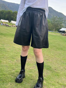 New Arrival High Waist A-Line Straight Leg Pants Womens Sheep Leather Casual Five-Point Pants Mid-Calf Length Split Design