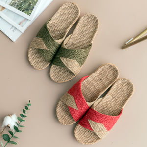 Linen Slippers Woven Straw Sandals Womens Pure Linen Straw Woven Japanese Home All Year Round Mute Indoor Retro Mens Linen Sandals