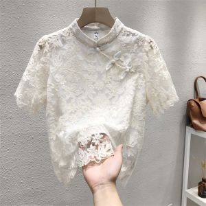 Summer European Style New Chinese Cheongsam Design Breathable Lace Shirt