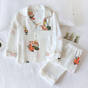 Pure Cotton Spring Summer Thin Collar Childrens Dinosaur Sleepwear Set Breathable Long Sleeve Home Clothes for Boys