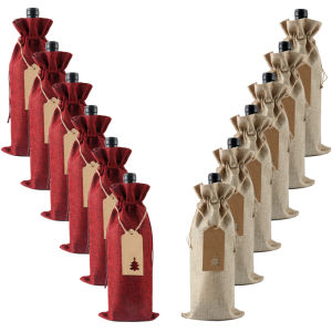 12Pcs Burlap Wine Bags Wine Gift Bags for Christmas Wedding Birthday Multicolor Wine Bottle Bags with Drawstrings Tags&Ropes