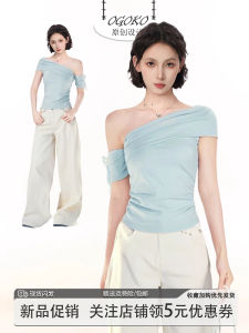 Blue Short Sleeve T-Shirt Womens Summer Slim Fit Short Length Waist Cinched One Shoulder Top Korean Style Commute Pure E-commerce