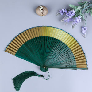 พัดกระดาษพับสไตล์โบราณสำหรับผู้หญิง ขนาดเล็ก น้ำหนักเบา พกพาสะดวก พัดลมพับได้ ลายดอกไม้สีทองและเขียว ฤดูร้อน 2024