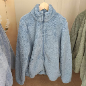 Thickened Coral Fleece Jacket Womens Double-sided Fleece Zipper Closure Stand Collar Long Sleeve Winter Outerwear Coat