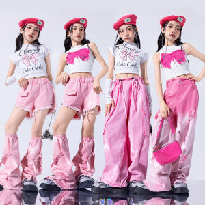 Girls Group Dance Performance Costume Trendy Tank Top Y2K Leg Warmers Shorts Pink Jeans Loose Cargo Pants Jazz Hip-hop Dance Outfit