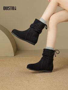 DUSTO Black Flat Bottom Booties 2025 Winter Fashion Short Womens Boots round Toe Breathable Rubber Sole Youth Style