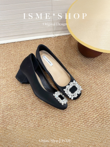 French Style Satin High Heels Diamond Embellished Square Buckle Womens Shoes Fashionable Commute Stiletto Autumn Season