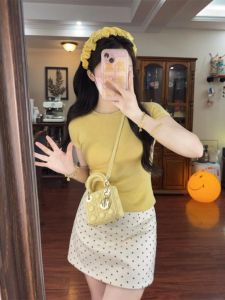 Yellow Ice Silk Thin Knitted Short Sleeve T-Shirt Women Summer Dopaamine Style Korean Sweet And Spicy Pure Desire Top