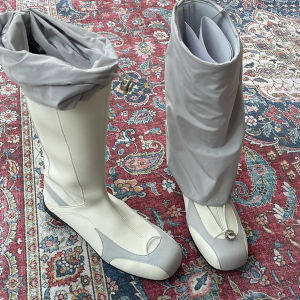 แฟชั่นเย็บปะติดปะต่อกันด้านล่างหนา ผู้หญิง รองเท้าบูทหุ้มข้อ ยืดได้ วงดนตรีทั้งหมดตรงกับ Oal แฟชั่นถุงเท้าเข่าความสูงซิปหนังวัว หนัง