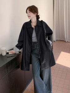 Black Simple Fashion Casual Style PU Leather Coat Womens Mid-Length Jacket Autumn New Arrival Commute Style Loose Fit
