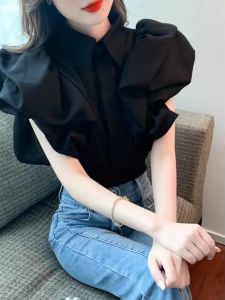 Design Niche French Style Vintage Black Short Peplum Sleeve Short Sleeve Shirt