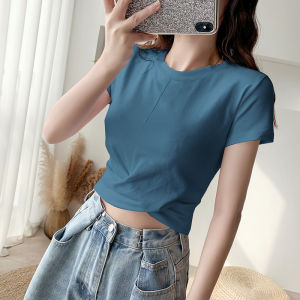 New Black Short Sleeve Base Shirt Womens Belly Show High Waist Design Half Sleeve Irregular Cotton Polyester Blend T-shirt