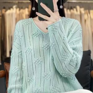 Áo Len Dệt Kim Lông Cừu Rộng Rãi Dài Tay Cho Nữ Mùa Xuân Thu Mới Về Cổ Chữ V Màu Trơn Áo Len Dệt Kim Lỗ Khoét Rỗng