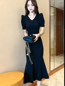 black cocktail dress formal elegant korean fitted long dress for woman plus size sunday dress blue