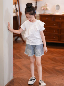 Bộ Đồ Trẻ Em Mùa Hè Thời Trang Mới T-shirt Áo Phông Quần Short Denim Bộ Đồ Hai Mảnh Cho Bé Gái Phong Cách Hàn Quốc Thường Ngày