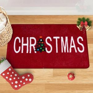 VIKAMA Red Christmas Letter Area Rug Christmas Tree Print Non Slip Floor Mat For Entrance Kitchen Bedroom Living Room Home Decor