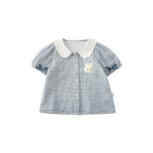 Cute Rabbit Print Gingham Summer Shorts for Girls Baby Fresh Style Plaid Doll Shirt Short Sleeve Cotton Blend Clothing Set