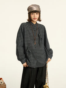 Casual HOTHORSE Volcanic Horse Long Sleeve Shirt round Arc Small Stand Collar Retro Belted Spring Summer Womens Cotton Blend Shirt