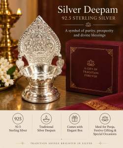 Pure Silver Kamakshi Laxmi Maa Diya height 4 Inch 25 GM Traditional Pooja Lamp for Worship Home Temple Decor and Gifting 925 Purity