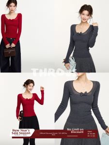 THROUS | Áo Sweater Cổ U Nơ Pha Len Stylish và Giúp Gọn Gàng