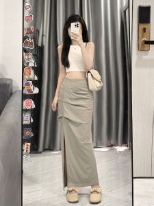 High Waist A-Line Midi Skirt Womens Workwear Style Slimming plus Size Summer Thin Fabric Solid Color Design Half-length Skirt