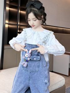 Girls Denim Overalls Spring Autumn Loose Cotton Long Pants High Waist Rope Closure Korean Style Fashionable Trendy Outfit