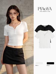 PIAOYA | Henley Collar Short Sleeve Knitted T-shirt Slim Fit Summer