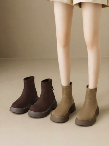 Josiny | British Style Fleece Thick Heeled Ankle Boots
