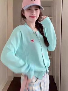 Áo Len Cardigan Dệt Kim Dài Tay Màu Xanh Nhạt Phong Cách Hàn Quốc Cho Nữ Áo Khoác Ngoài Mỏng Mùa Xuân Áo Len Cardigan Cổ Tròn