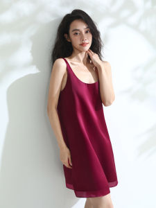 Miccbeirn | Silk Chiffon Gown Sleeveless Straight Cut Slimming Elegant Style Mid Length U-Neckline Gown For Petite Women Summer Dress