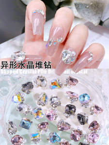 Nail Ornament Special-Shaped Flats Pile Rhinestone Finished Product Super Flash Fat Square Crooked Heart Axe Heart Inlaid Pearl Nail Crystal