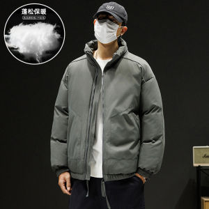 Mens Cotton Jacket Short Loose Thickened Stand Collar Winter Warmth Windproof Pure Color Versatile Youth Fashion Casual Coat