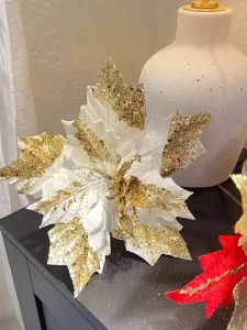 【OKADI】COD 12 ชิ้น ดอกไม้ประดิษฐ์  ตก แต่งวันคริสต์มาส กลิตเตอร์ ดอกไม้ปลอม สําหรับตกแต่งต้นคริสต์มาส